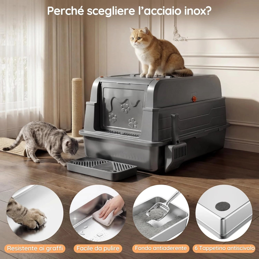 Lettiera Per Gatti In Acciaio Inox, Lettiera Gatto Acciaio Inox XXXL Smontabile Chiusa, Antifuga Liquidi, Vassoio Antiaderente, Facile Pulizia, Con Deodorante E Paletta. Per Gatti Fino A 20 Kg