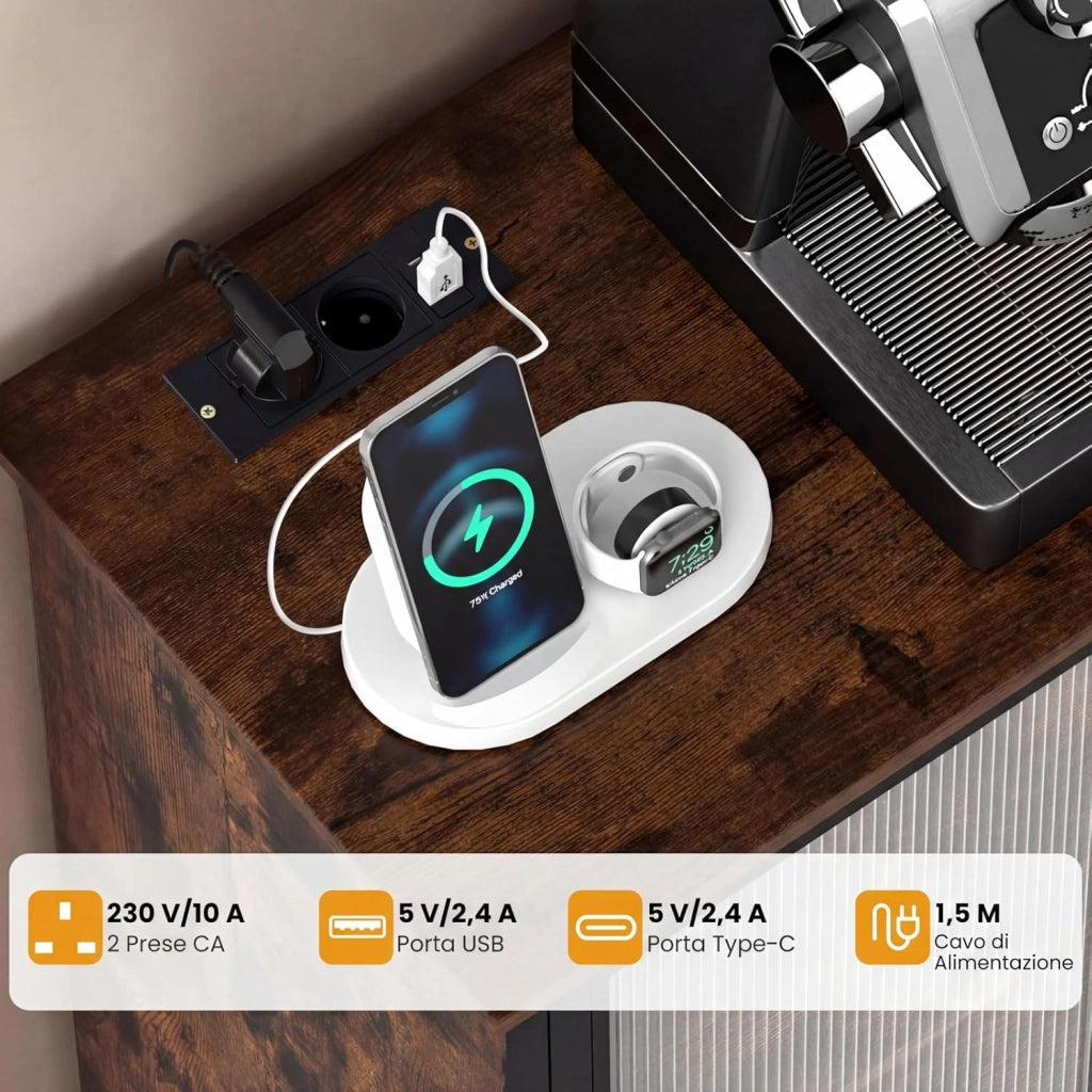 Mobiletto Bar per Vino con Prese di Corrente e Luci LED, Mobile Bar da Terra per Caffè con Portabottiglie e Portabicchieri, Credenza Buffet per Liquori per Cucina, Sala da Pranzo e Soggiorno