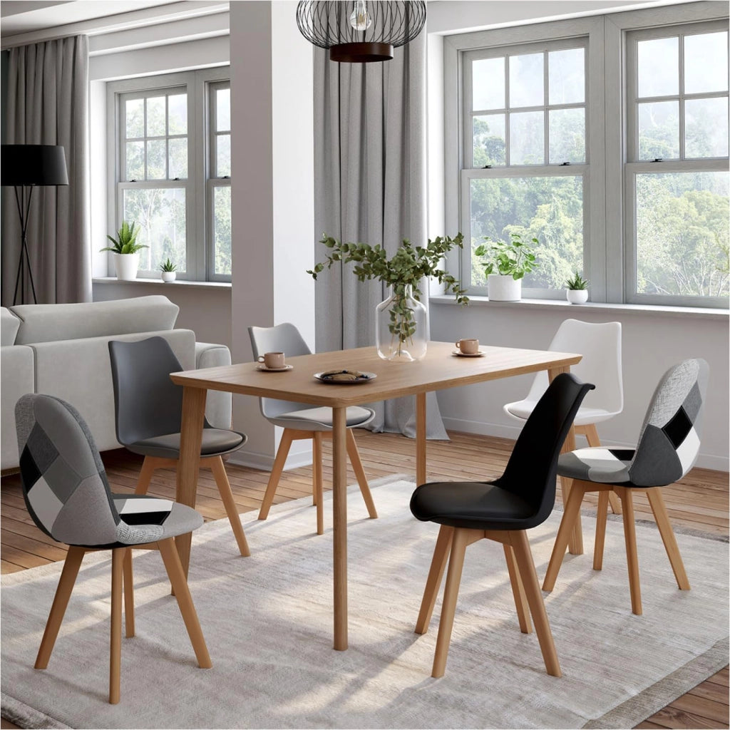 Set di 6 sedie SARA grigio scuro, grigio chiaro, bianco, nero e patchwork nero, grigio e bianco
