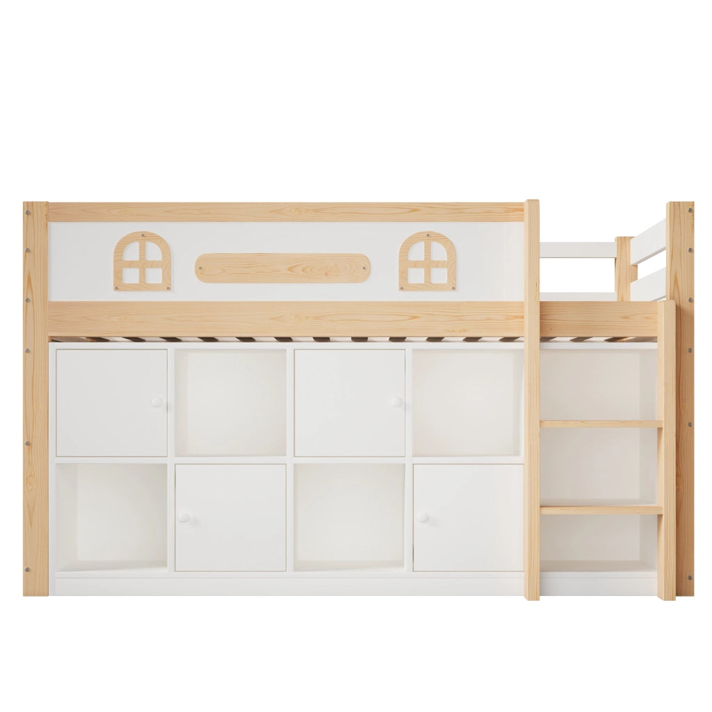 Letto a soppalco 90 × 200 cm 1 posto con lavagna; scomparti e scala; senza materasso; in pino e MDF; bianco e naturale