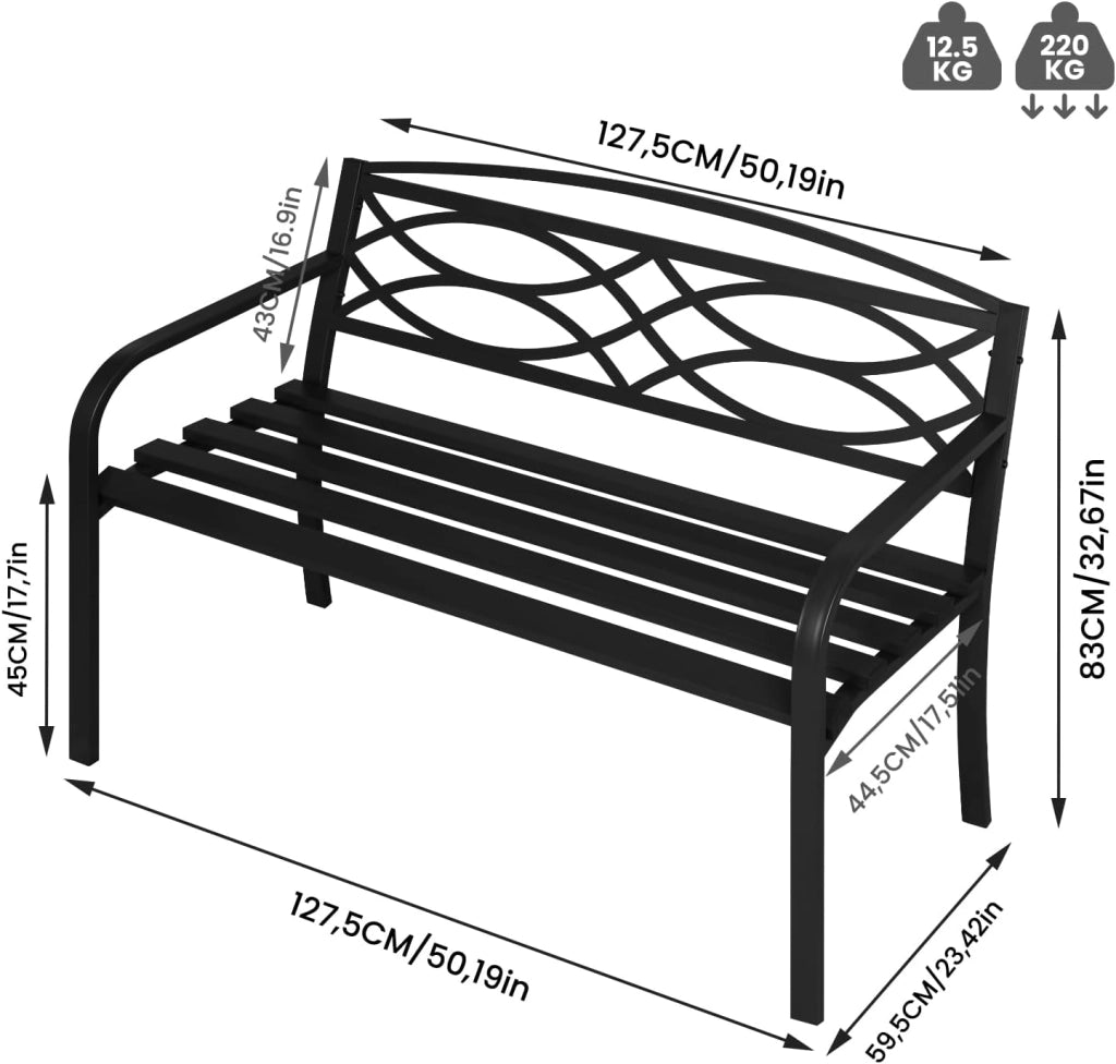 Panchina da Giardino in Metallo, Panchina da Esterno per 2 o 3 Persone, con Schienale e Braccioli, Panca per Patio Parco Terrazzo, 127x59,5x83cm, Nero