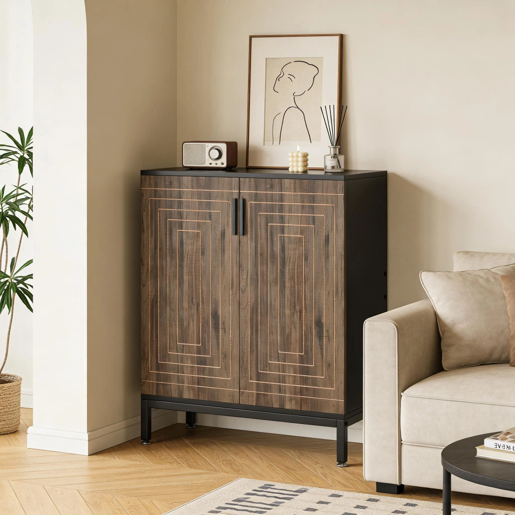 Scarpiera con 2 ante e 5 ripiani, motivo geometrico, per ingresso, in MDF e metallo, nero, 80 × 38 × 95 cm
