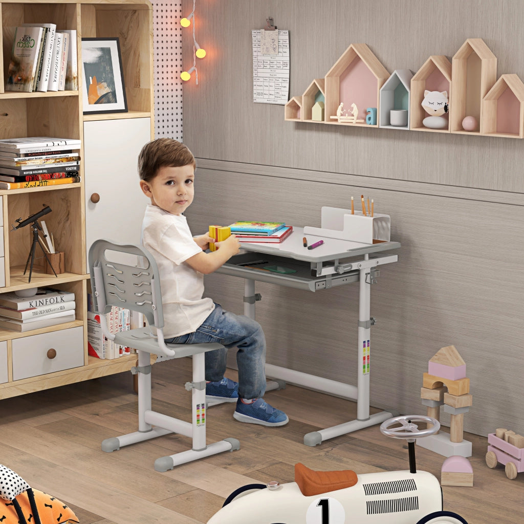 Scrivania Bambini con Sedia e Altezza Regolabile ¨C Zephmum ¨C Grigio, Legno, 66x47x52-77 cm