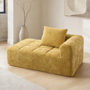 Divano chaise longue giallo in ciniglia con tasche laterali
