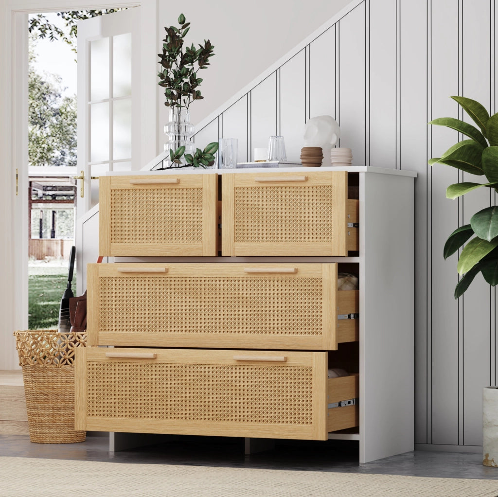 Cassettiera in rattan naturale con 4 cassetti 80x80x38 cm; bianco e naturale