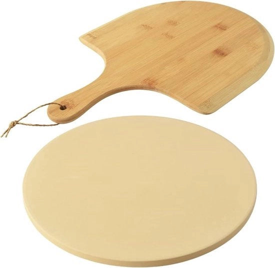 Set per Pizza in Pietra - Pietra Cordieritica Resistente al Calore - Piastra per Pizza Termoresistente - Spatola per Pizza in Bambù - Utilizzabile in Forno e Griglia - 33 cm di Diametro