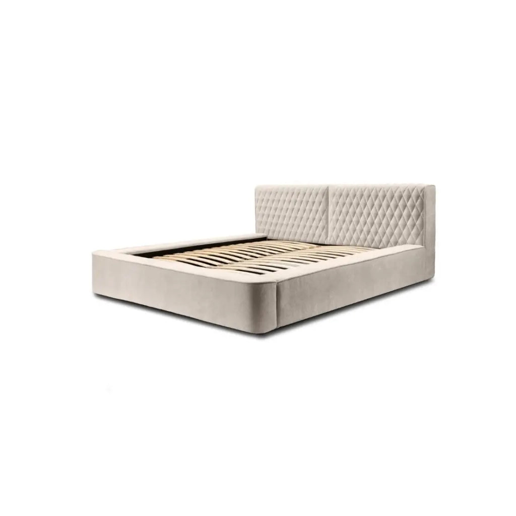 Lit coffre VERNON – Tessuto ciniglia bouclé Sabbia rosata – 140x200 cm – Rete sollevabile – Design di alta gamma