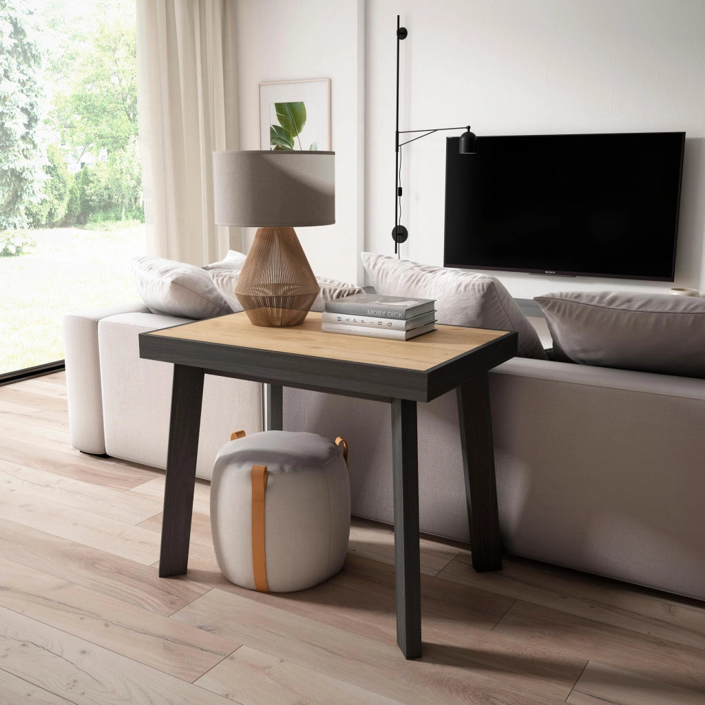 Consolle allungabile, 140x90x73cm, Per 6 persone, Gambe in legno, colore Rovere e nero RF3034