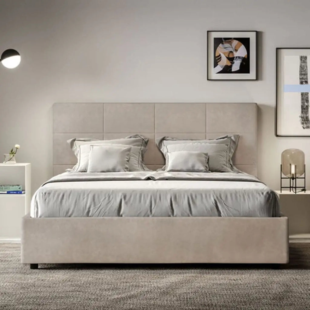 Letto matrimoniale con rete imbottito 160x200 microfibra sabbia Mika