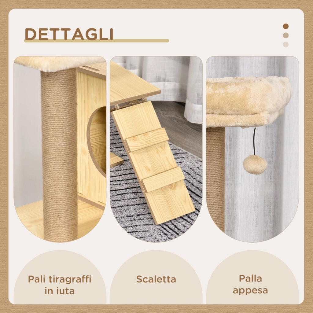 Tiragraffi Albero per Gatti con Casetta e 2 Lettini ¨C Zephmum ¨C Legno, Poliestere, Sisal, 60x40x130 cm