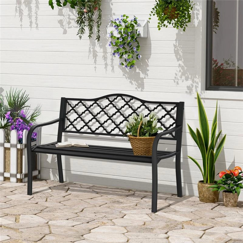 PANCHINA DA ESTERNO 2 POSTI IN ACCIAIO E GHISA CON BRACCIOLI E SCHIENALE DECORATO 128X58.5X89CM NERO