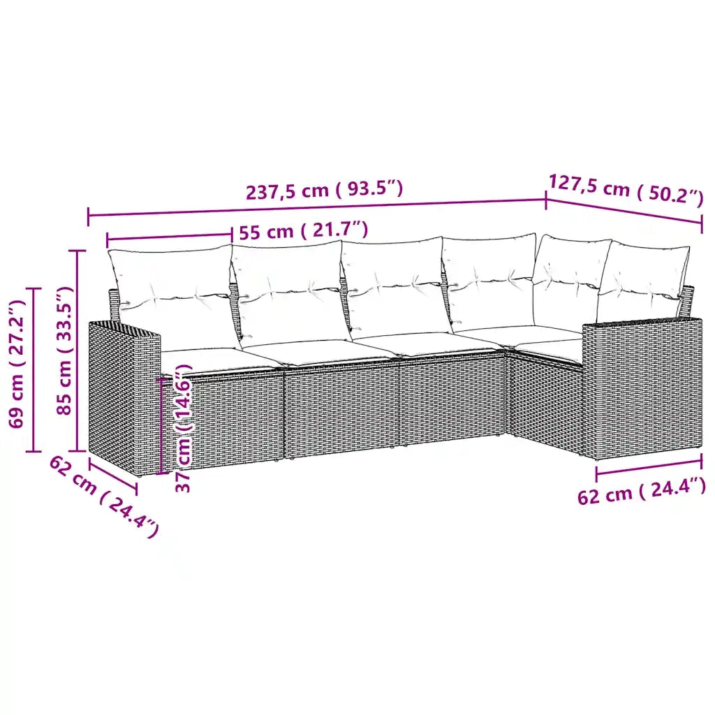 Set Divano da Giardino 5pz | Set Salotto da Giardino con Cuscini Grigio Chiaro Polyrattan
