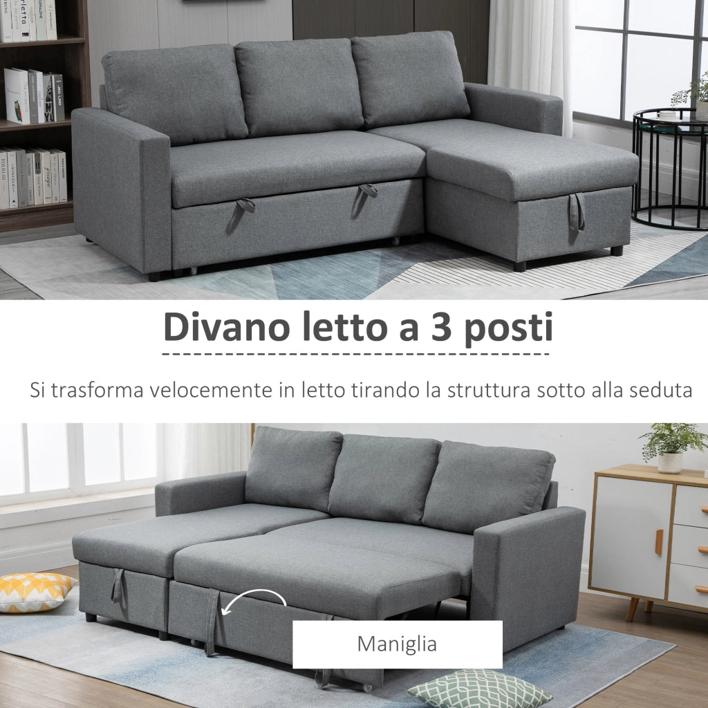 EasyComfort Divano Letto 3 Posti e Penisola con Contenitore, Rivestimento Tessuto Effetto Lino, 211.5x146x85cm