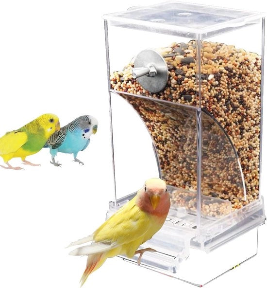 Dispensatore automatico di cibo per piccoli animali con raccolta semi e cassa rifiuti