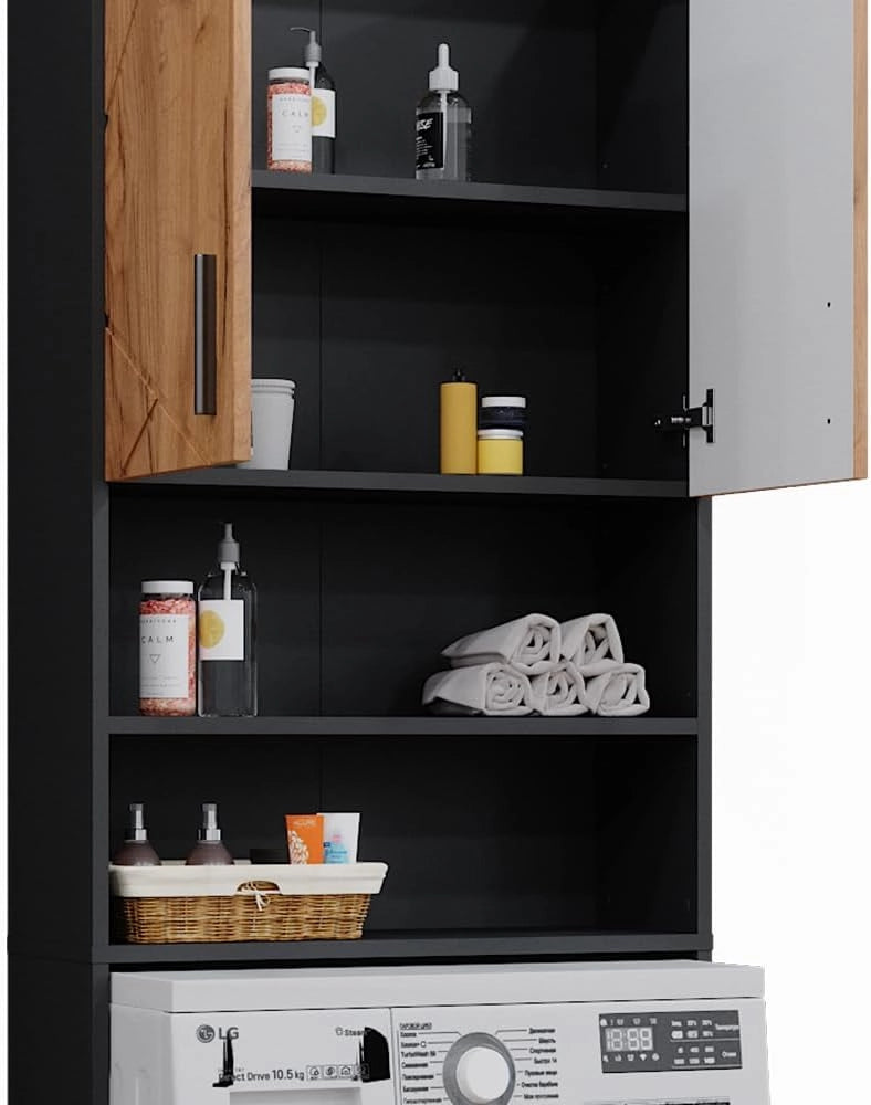 Mobiletto per lavatrice Irma, Quercia dorata/antracite, 64 x 190.5 cm, adatto per riporre oggetti e come supporto per lavatrici