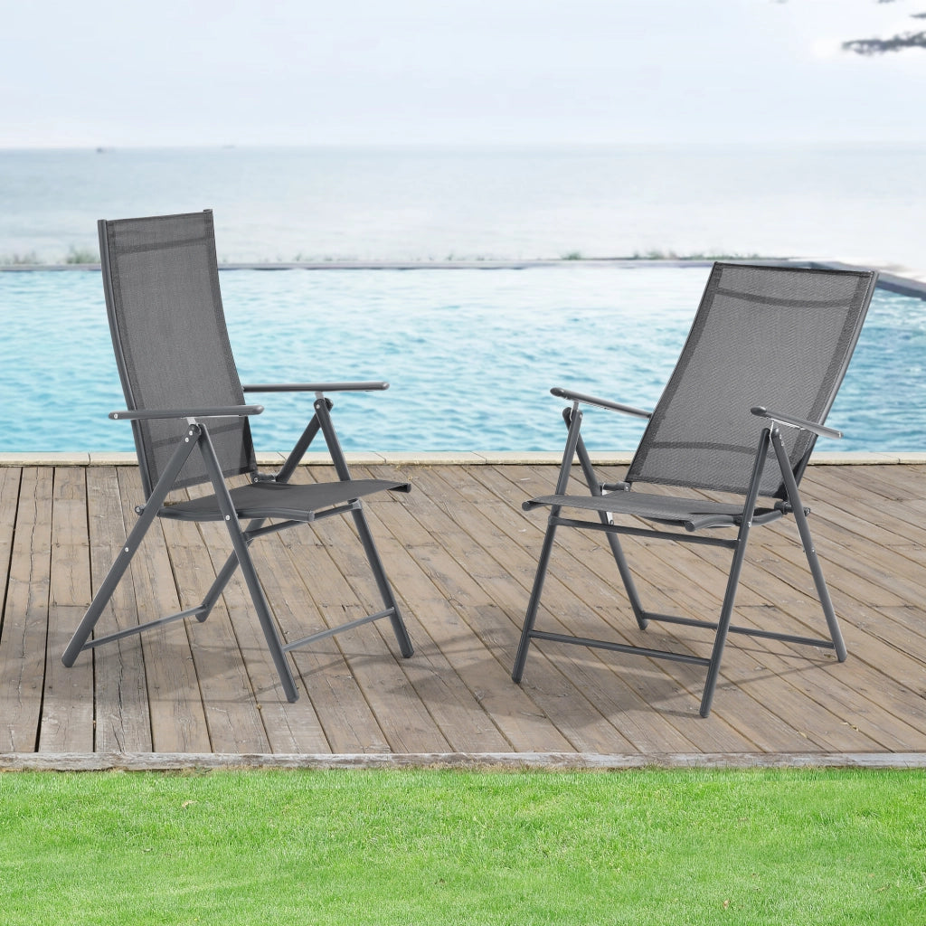 Set Kalamata di 2 Sedie Pieghevoli da Giardino con Braccioli e Schienale Reclinabile - Grigio Scuro [en.casa]