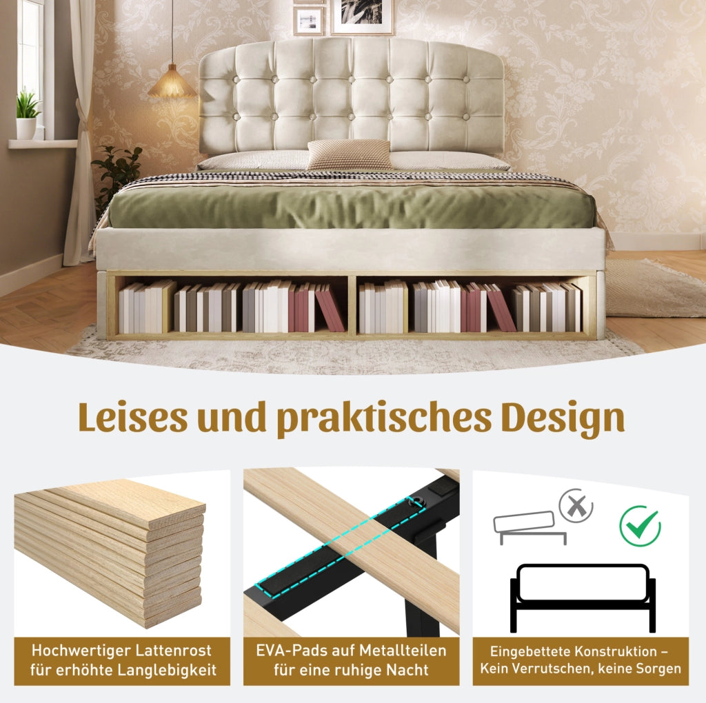Letto matrimoniale imbottito 140x190 cm in velluto beige con testiera regolabile e cassetti
