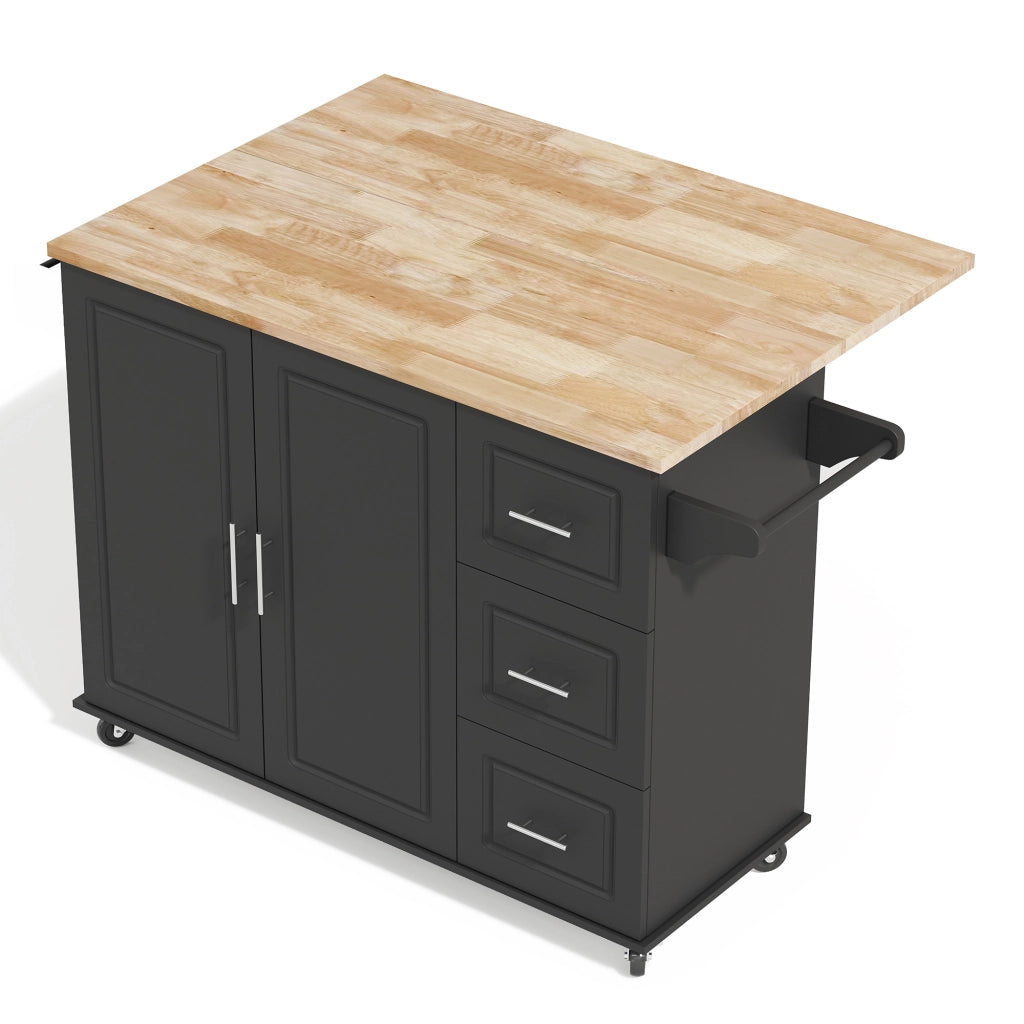 Isola da cucina mobile pieghevole con piano in effetto rovere, 3 cassetti, armadio a 2 ante e porta asciugamani, nero