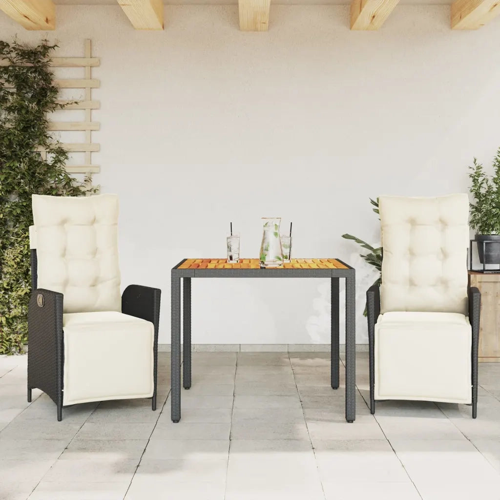 Set da Pranzo da Giardino 3 pz | Set Salotto da Giardino con Cuscini Nero in Polyrattan