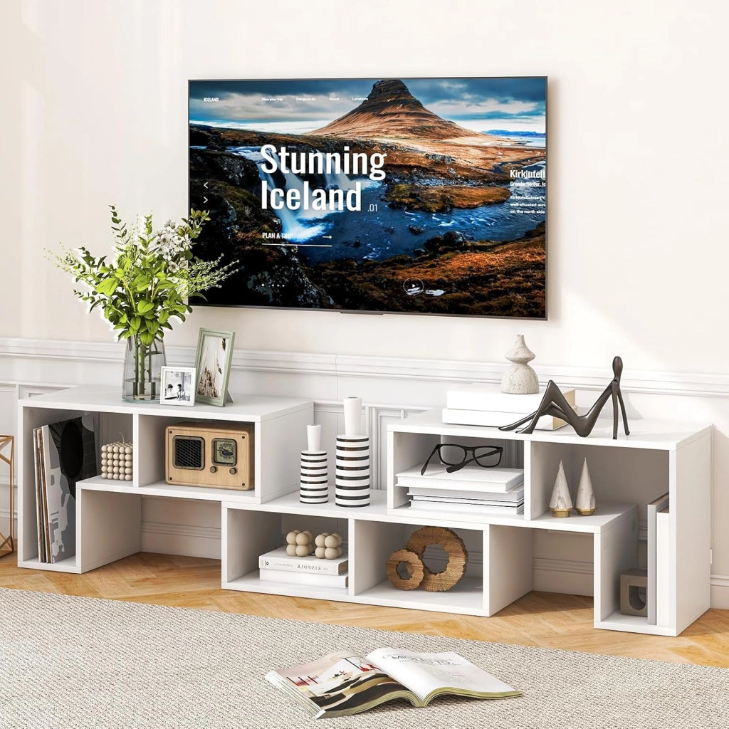 Mobile Porta TV Combinabile con Ripiani Aperti, per TV Fino a 65 Pollici, Mobile TV di Legno per Camera da Letto, Soggiorno, Capacità di Carico Massima 80 kg, 134-180 x 30 x 43 cm (Bianco)