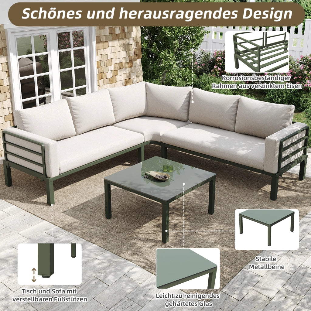 Set mobili giardino 4-5 persone: 1 tavolino caff cat vetro; ferro zincato verde; cuscini seduta beige; piedini regolabili