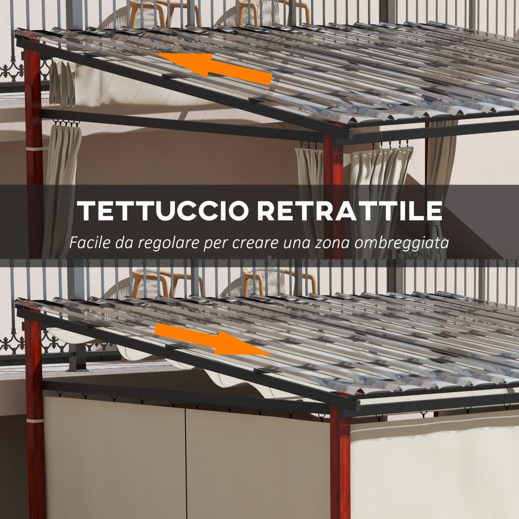 Pergola con Tende Laterali e Tetto Retrattile ¨C Zephmum ¨C Crema, Alluminio e Metallo, 345x300x215-255 cm