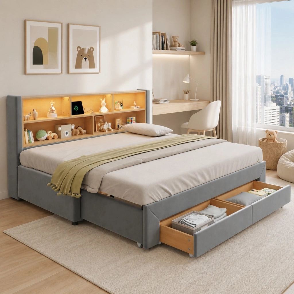 Letto daybed estraibile con cassetti; USB e LED; 90x200 cm in velluto grigio