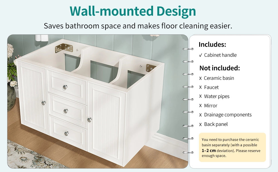 Mobile sottolavabo sospeso con 3 cassetti e vano contenitore per bagno moderno bianco 78,5 × 46 × 46,8 cm