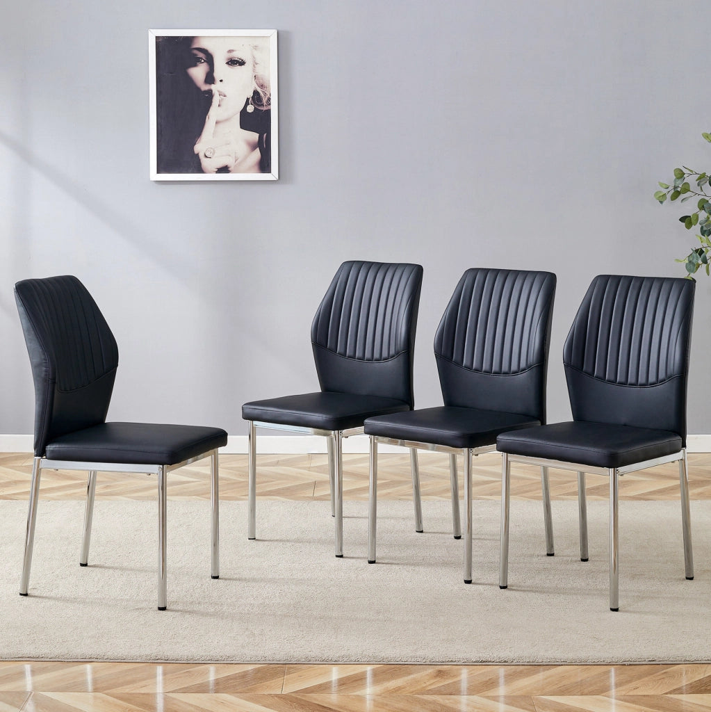 Set di 4 sedie da pranzo moderne in PU nero con gambe in metallo argento; altezza 93 cm