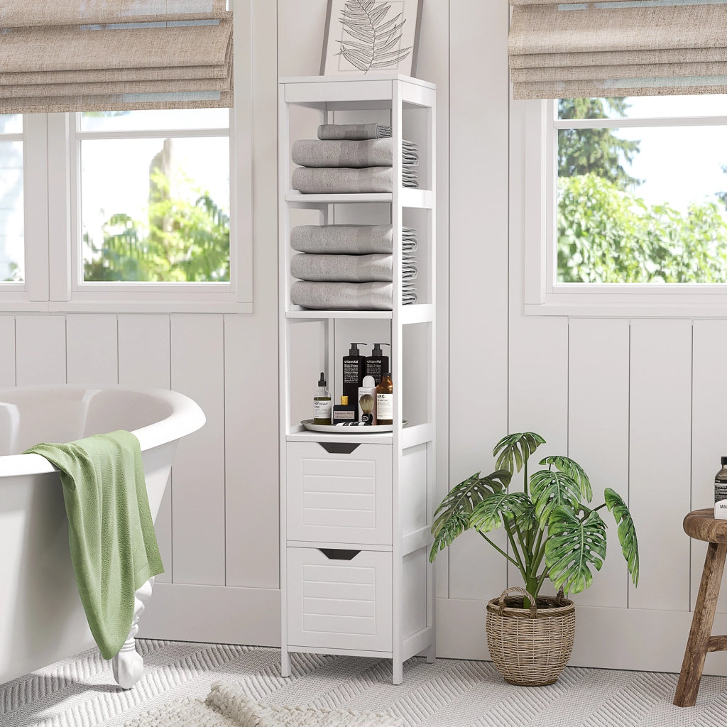 Libreria con 3 ripiani aperti e 2 cassetti ¨C Zephmum ¨C 30x30x144 cm bianco