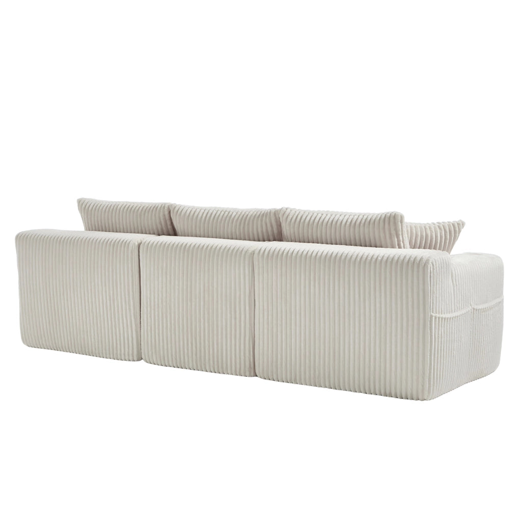 Divano modulare beige con penisola, velluto a coste, 5 cuscini e portabevande laterali
