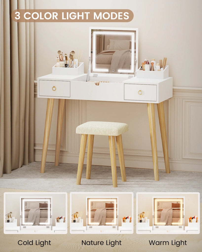 Tavolo da toeletta con specchio a LED,  tavolo da toeletta, tavolo da toeletta con sgabello, tavolo da trucco con luce a 3 colori