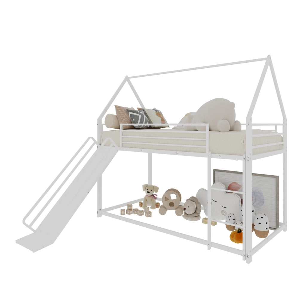 Letto a castello per bambini in metallo bianco con scivolo