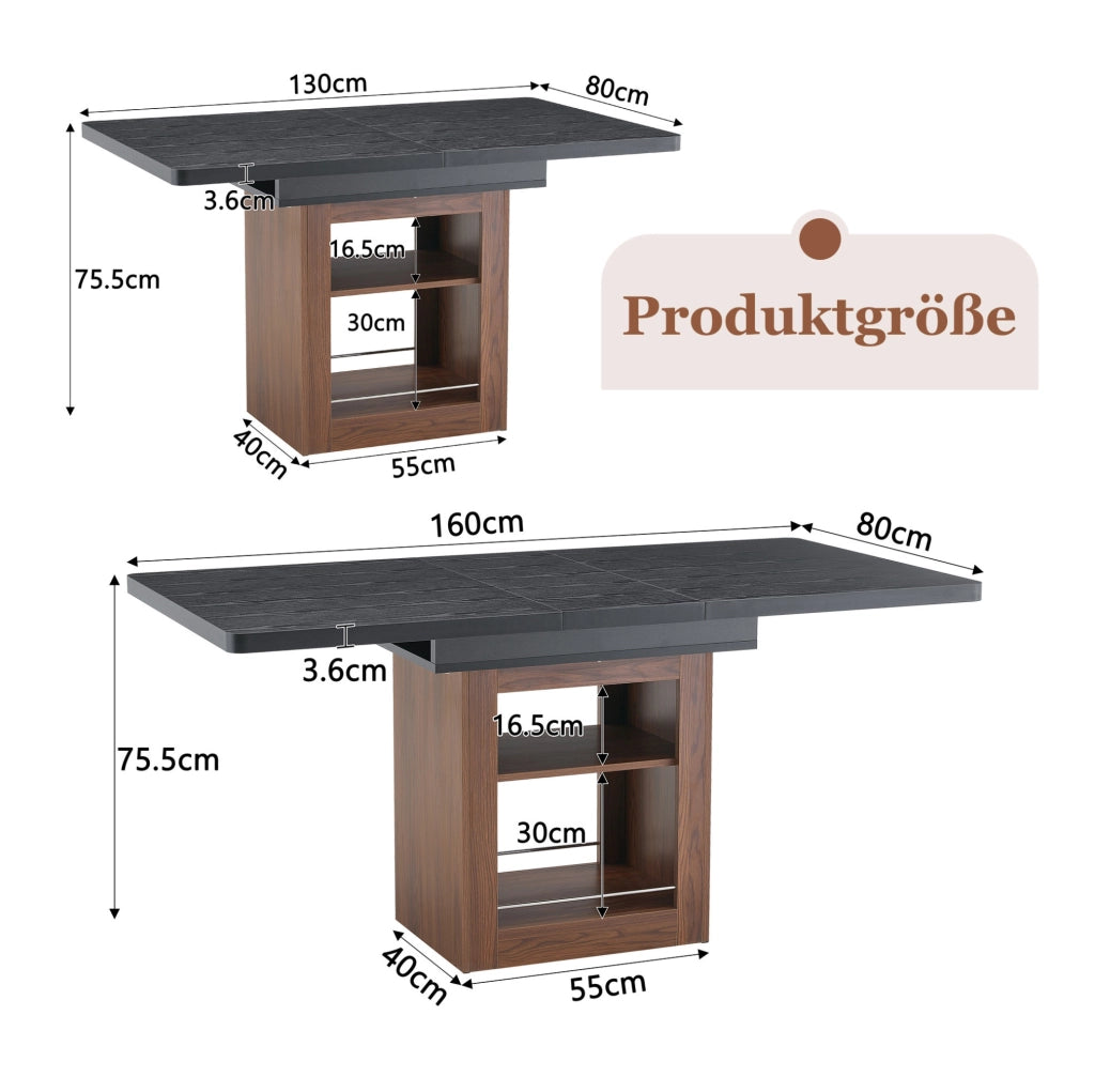 Tavolo da pranzo allungabile 130-160 cm con ripiano; MDF; nero e noce