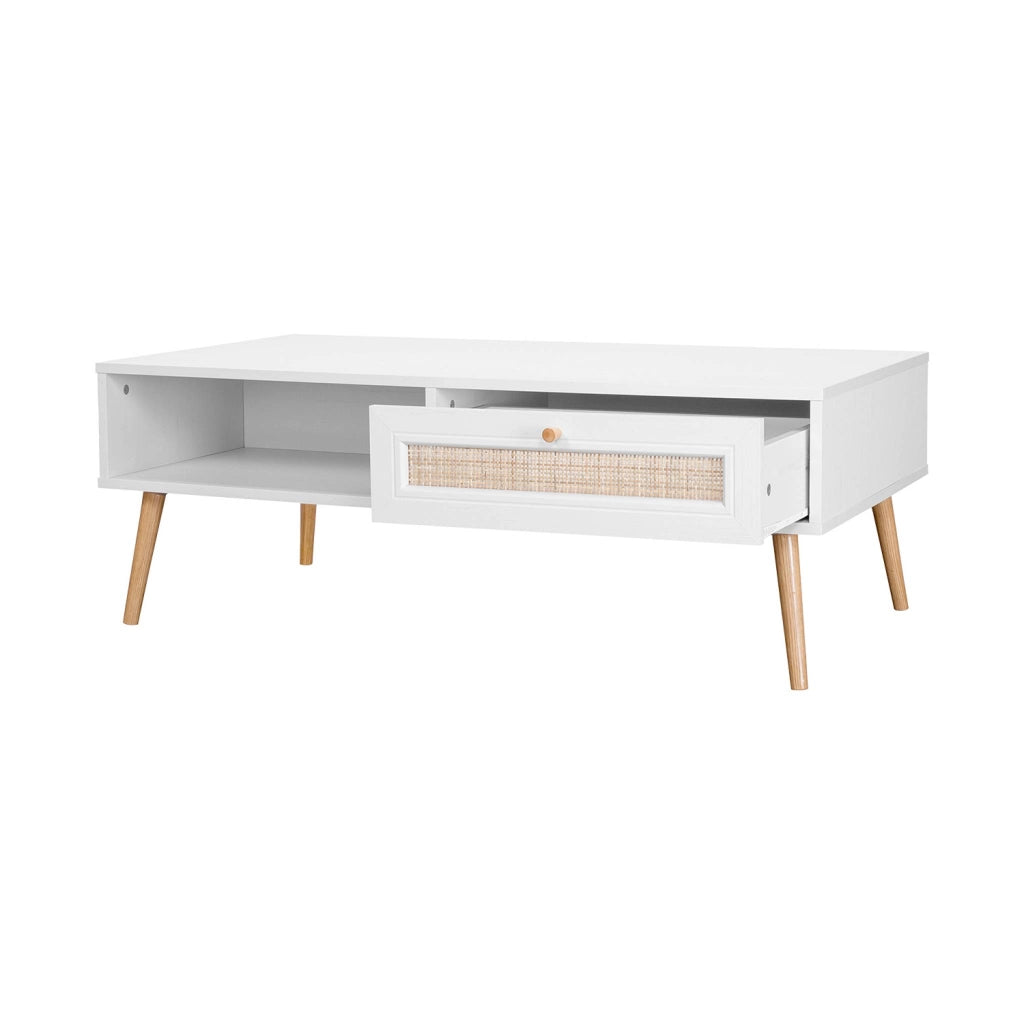 Tavolino scandinavo in vimini, 1 cassetto, bianco sporco