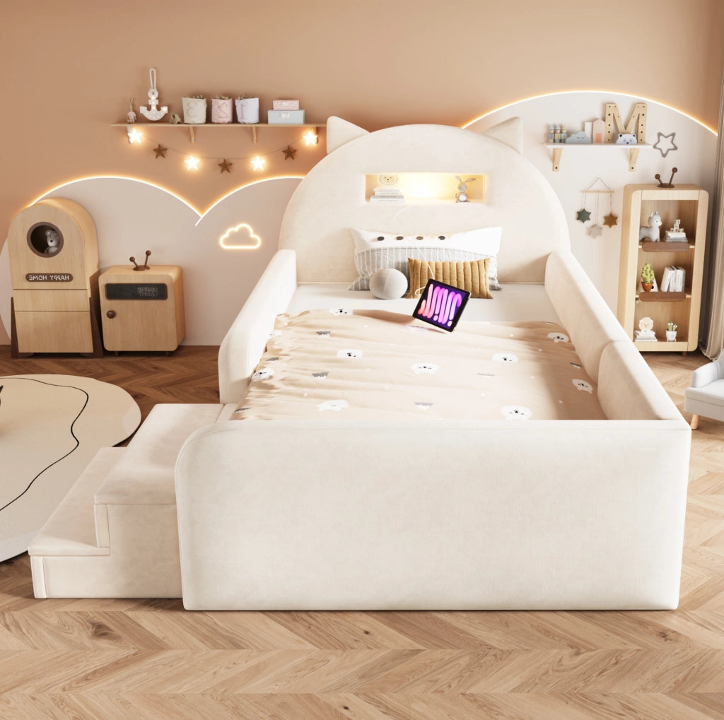 Letto imbottito per bambini 90x200 cm con contenitore; luce notturna e USB in velluto beige