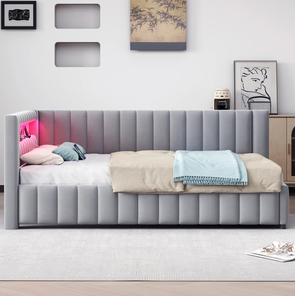 Divano letto 140x200 cm con LED e USB; velluto grigio (Senza materasso)