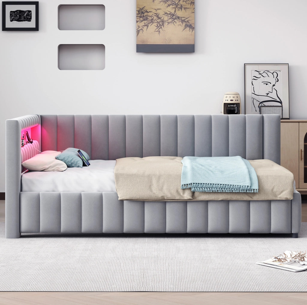 Divano letto 140x200 cm con LED e USB; velluto grigio (Senza materasso)