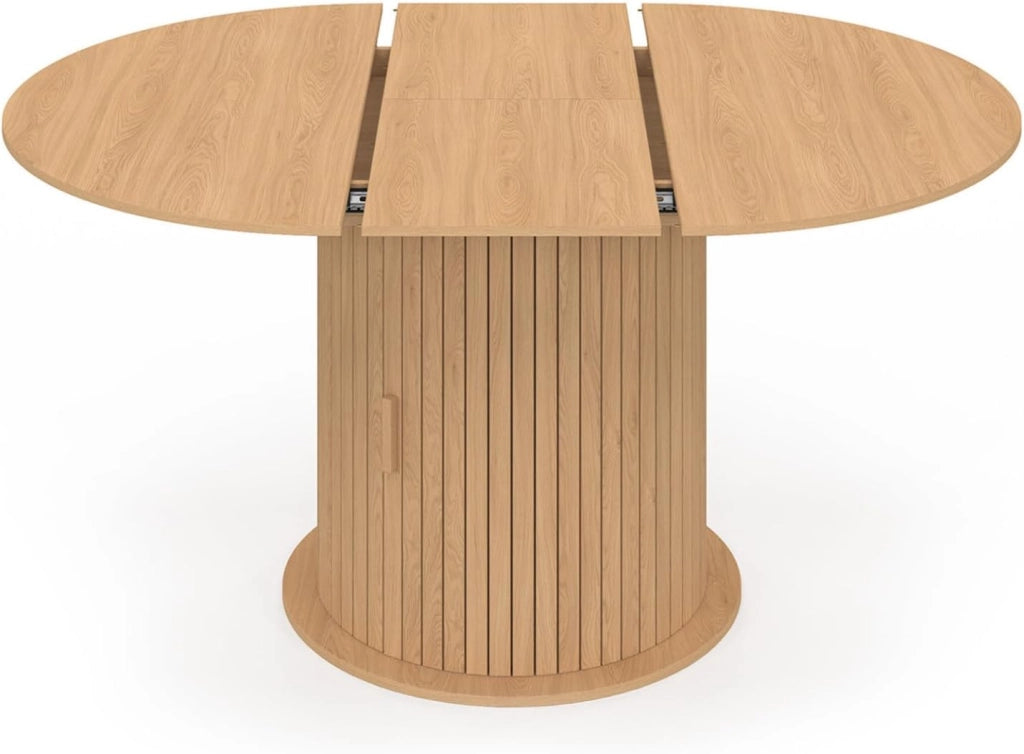 JULIETTE Tavolo da pranzo rotondo allungabile per 4-8 persone con gambe a doghe e contenitore 110-150 cm