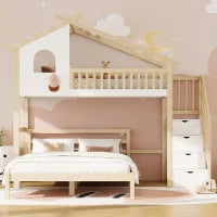 Letto a soppalco 90×200 cm con scaletta contenitore per bambini, senza materasso, Legno naturale e Bianco