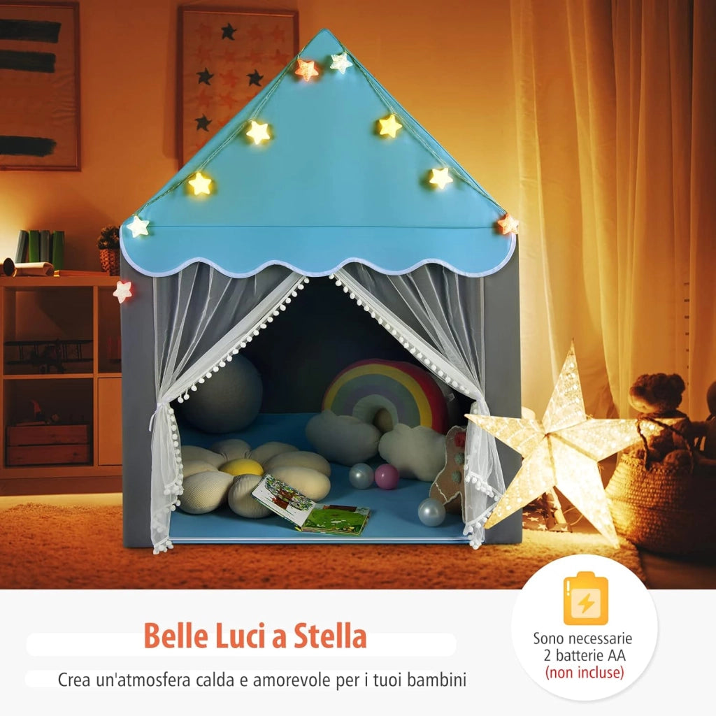 Tenda da Gioco per Bambini, Tenda Castello con Tappetino Lavabile, Luci a Forma di Stella, per Interno ed Esterno, 105 x 121 x 136 cm (Azzurro)