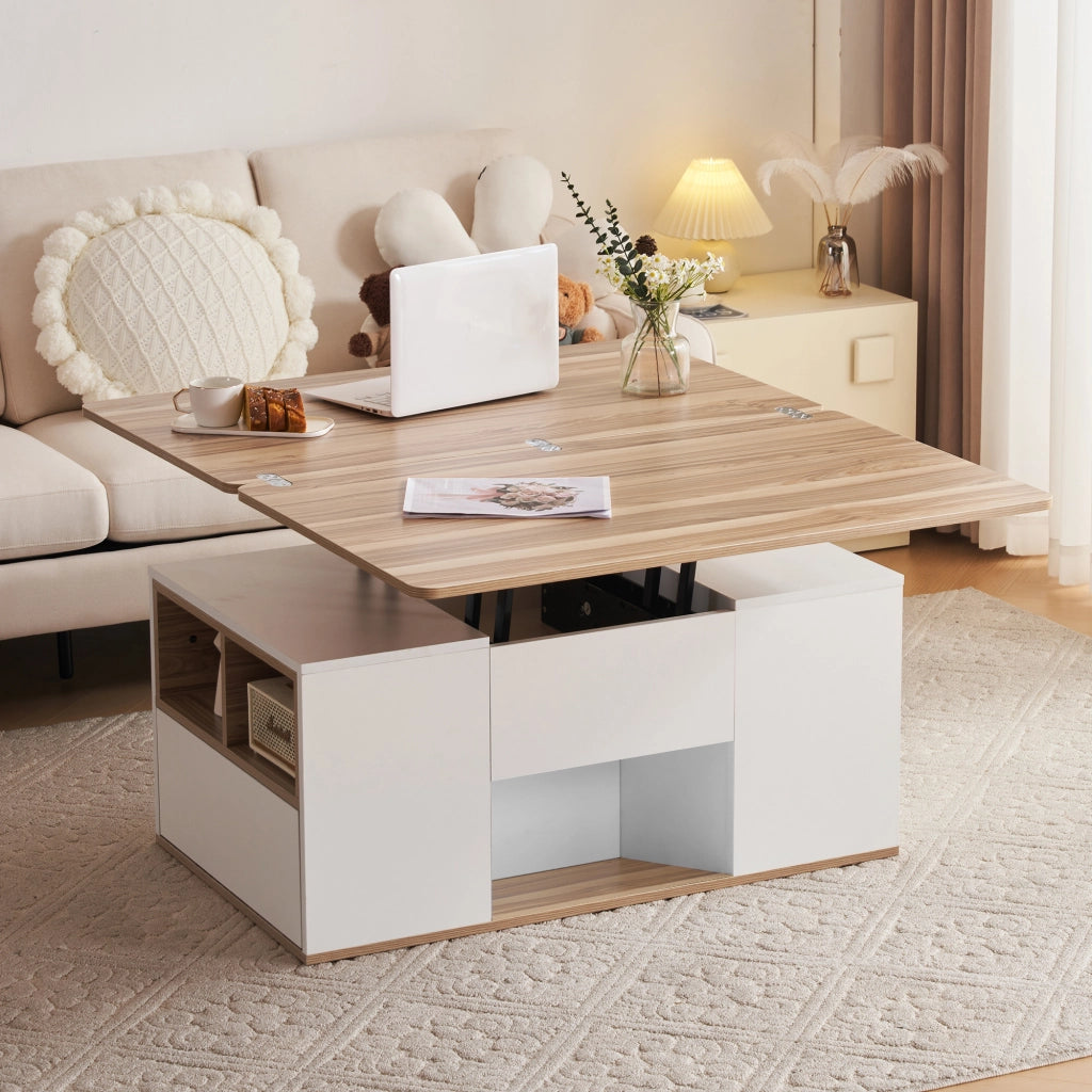 Tavolino da caffè con piano alzabile; 2 cassetti e vani - 100x51x47 cm - bianco