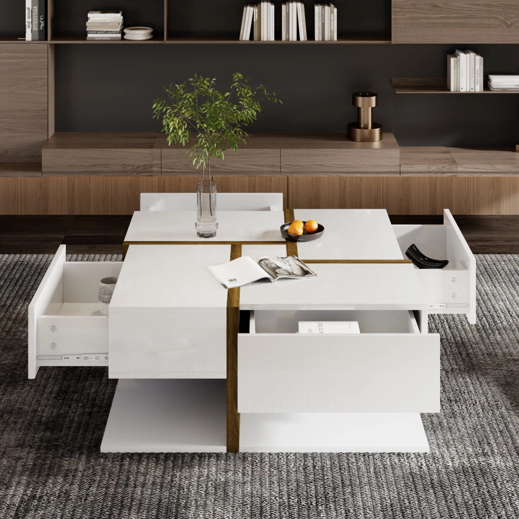 Tavolino da Caffè Quadrato con 4 Cassetti e Ripiano; Motivo a Linee; Finitura Lucida; in Pannello Truciolare; Bianco; 78×78×34;8 cm