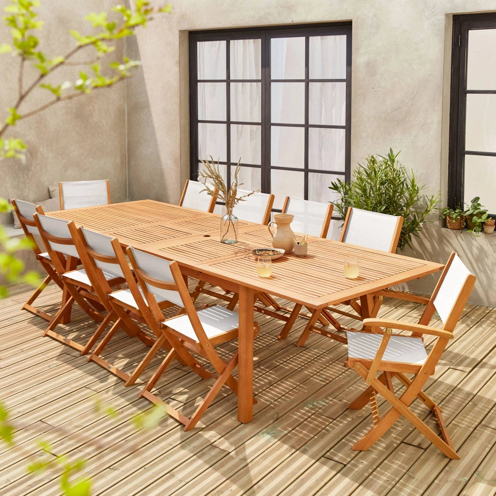 Set tavolo da giardino estensibile in legno con 10 sedie, marrone