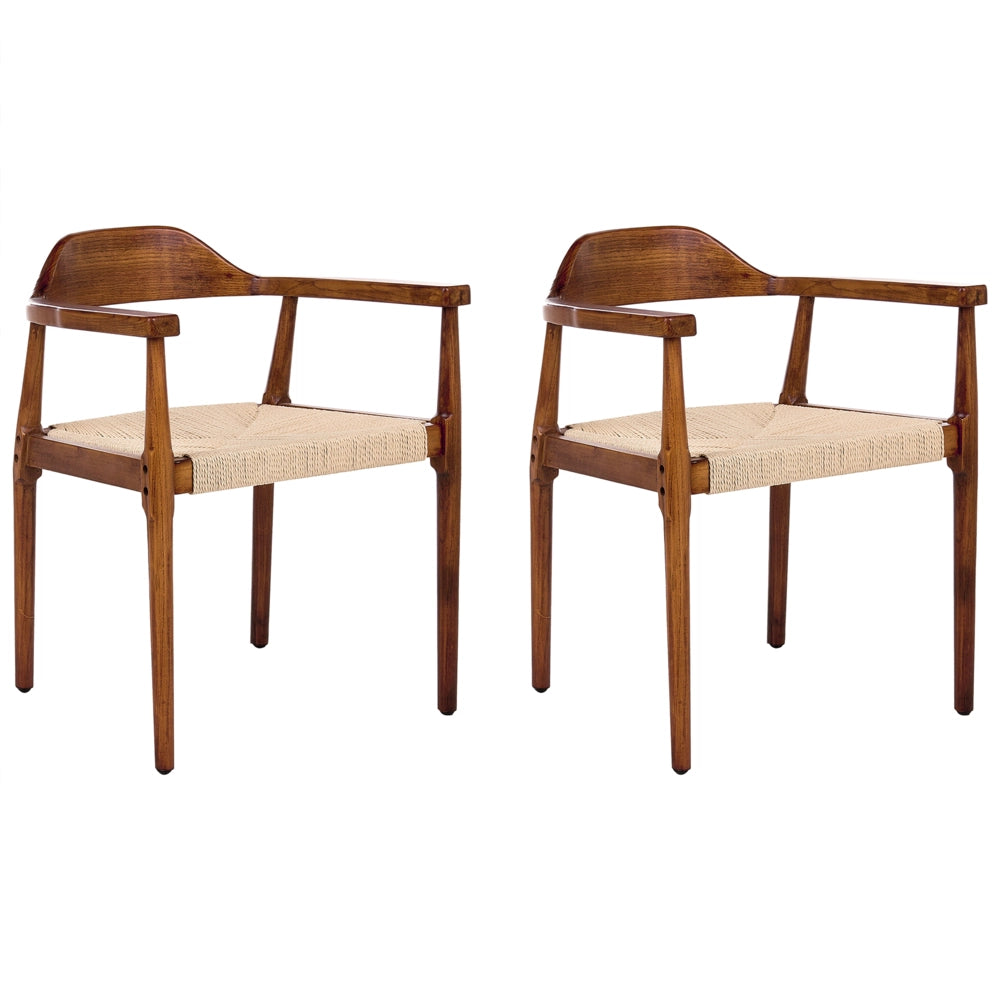 Set di 2 sedie da pranzo con struttura in legno di gomma e sedili in corda di carta in stile retrò Sala da pranzo marrone scuro e beige