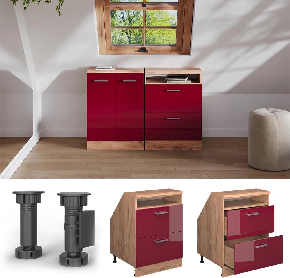 Mobile sottotetto Rion, Rosso lucido, 60 x 81.6 cm con 2 cassetti, carcassa 60 cm profondità, adatto per il salvaspazio sotto tetti spioventi