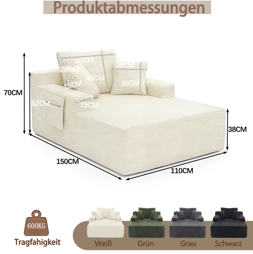 Divano in corduroy beige con tasche laterali e cuscini