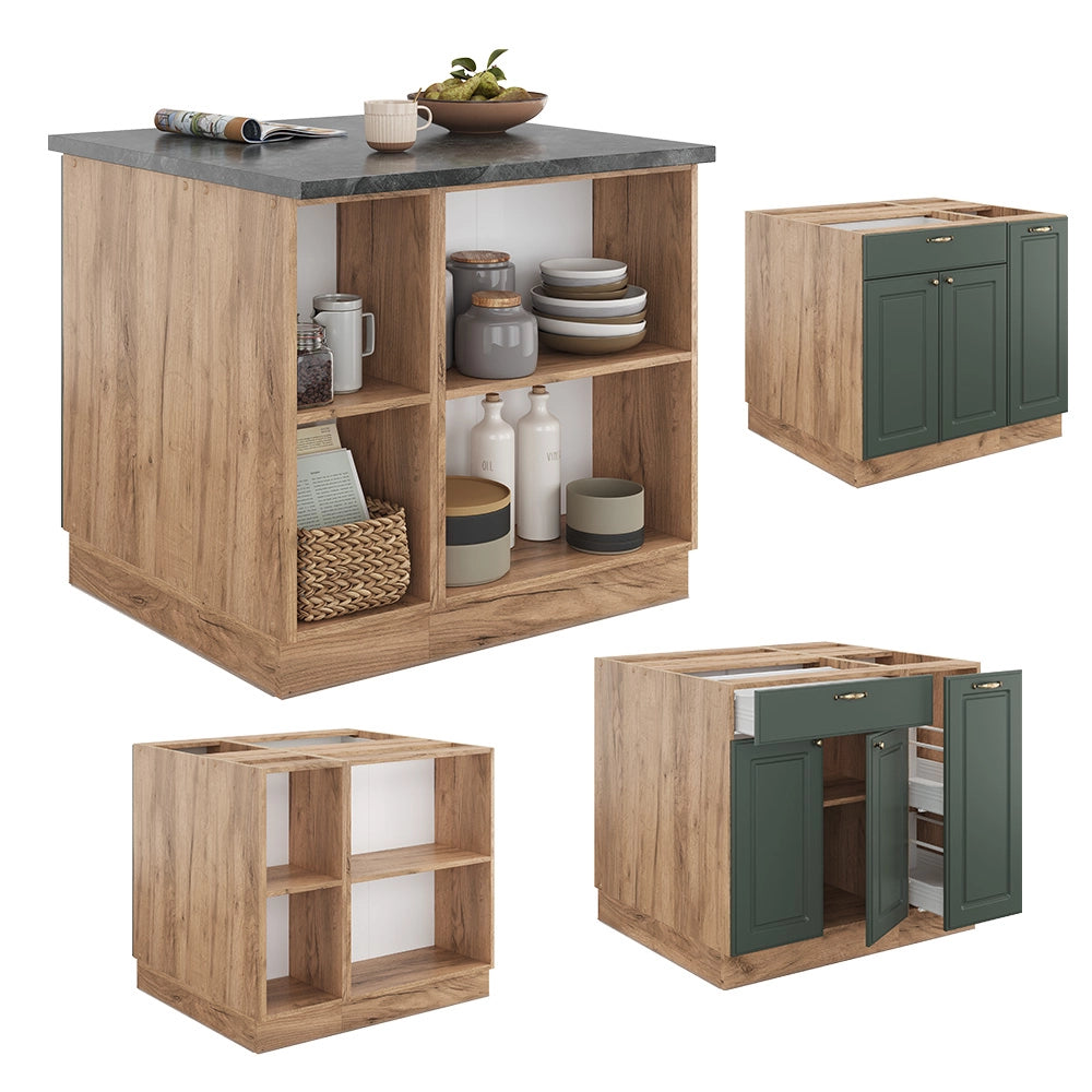 Isola cucina Fame-Line Verde-oro rustico/Rovere dorato 90 cm con cassetto, senza piano di lavoro Vicco