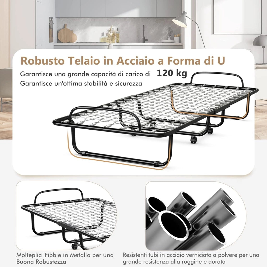 Brandina Pieghevole con Materasso, in Memory Foam da 10cm, Letto Portatile con Struttura in Metallo e 4 Ruote, Portata Massima 130kg, 190x80x39cm