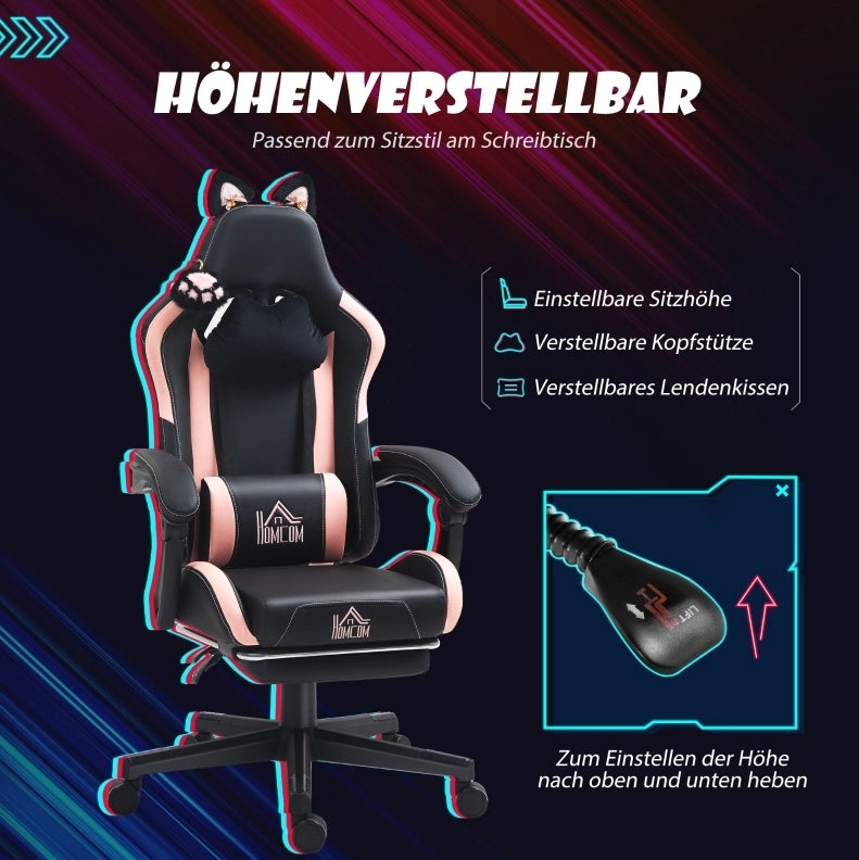 Poltrona gaming nera con orecchie di gatto e poggiapiedi